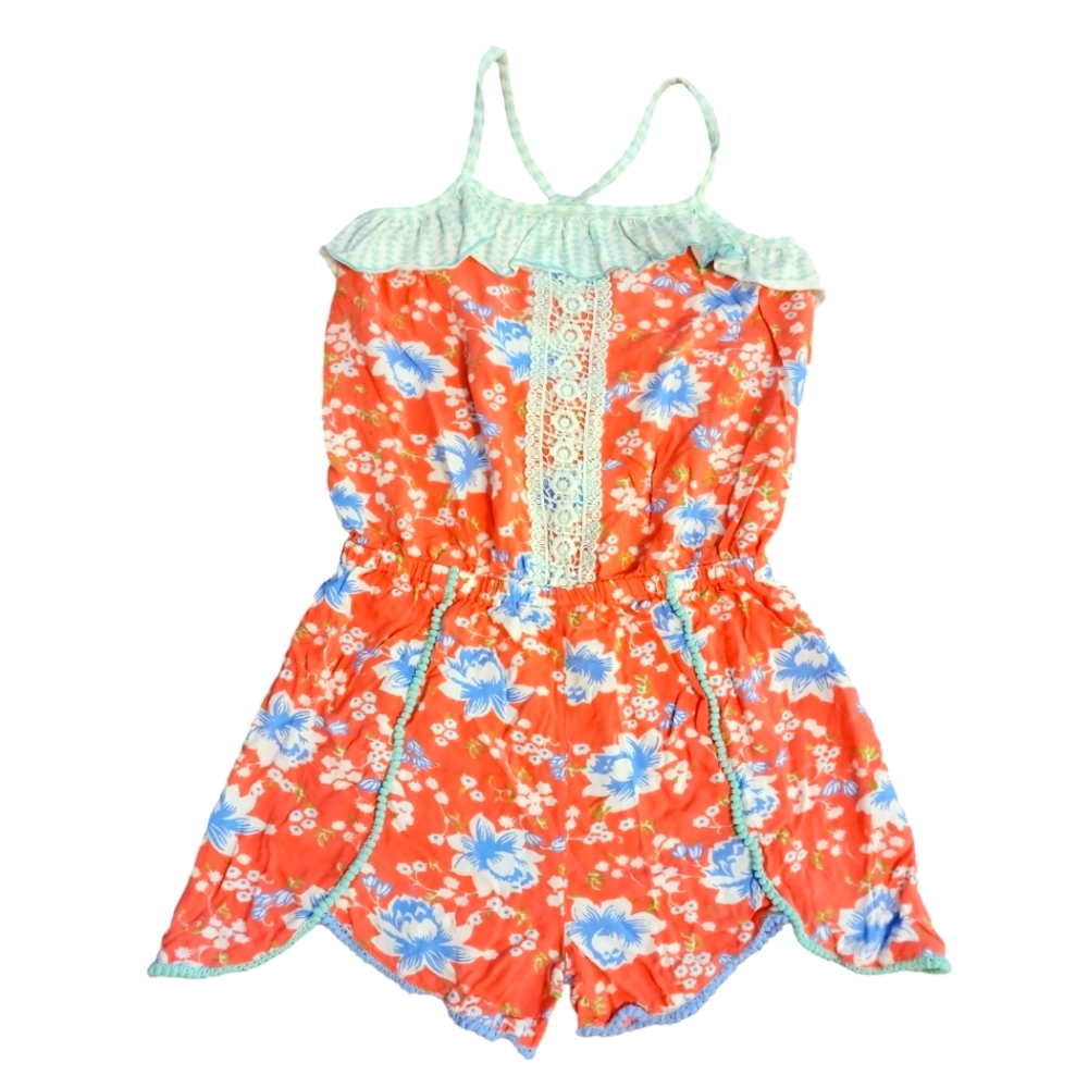 Matilda Jane Girls Romper Size 14 Lightweight Orange Blue Lace Ruffle